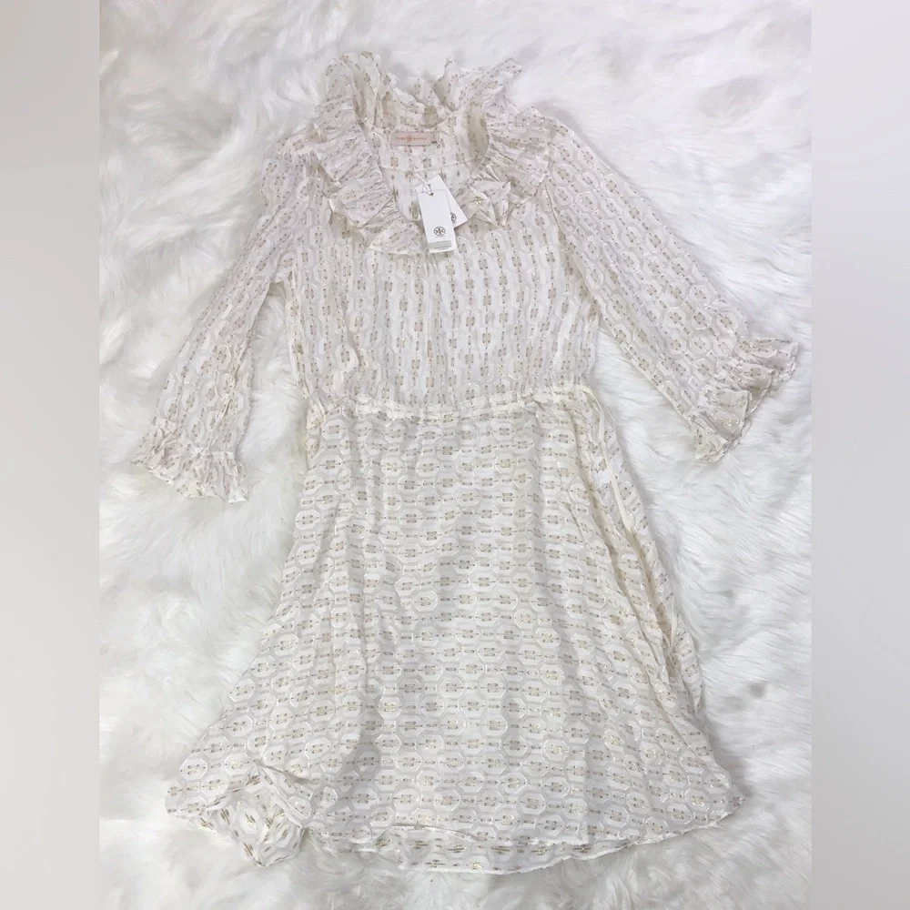 NWT Tory Burch Jasmine Ivory Metallic Tie Waist Long Sleeve Midi Dress